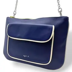 良品 アニエスベー ショルダーバッグ 斜め掛け レザー ブルー チェーン ロゴ