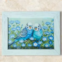 【青いセキセイインコとネモフィラ畑】油絵風デジタルイラスト/小さなアート