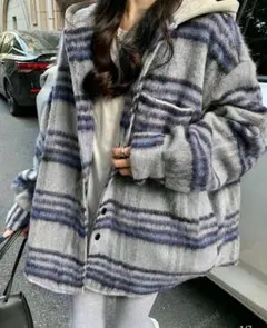 【新品】SHEINチェック柄ウール カラーブロック フード付きコート