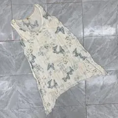 Raw Edge ワンピース ノースリーブ バタフライ柄 花柄 レース Vネック