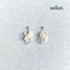 [1058]ぷっくりチェコガラスの房ピアス クリア ホワイト ハンドメイド