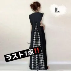 ワンピース　マキシ丈　切替　バックリボン　チェック　フリル袖