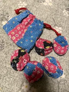 和風花柄巾着袋 お手玉5個付き