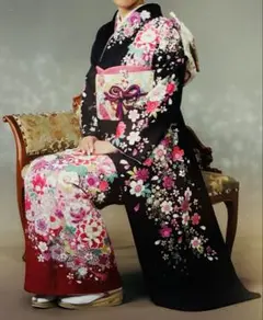 振袖 黒とピンクの花柄 着物　一式セット