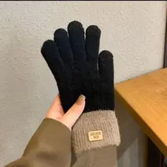 ニット手袋 ブラック ベージュ 防寒 裏起毛 スマホ対応　シンプル　フリース