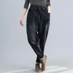 新品◎デニム ジーパン テーパードパンツ ゆったり 暖かい ハイウエスト 冬物