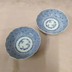 古伊万里 染付 微塵唐草文　輪花皿 2客セット 古美術 骨董品