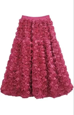 立体フラワー ミドル丈スカート ハイウエスト ビッグスイング Aラインスカート