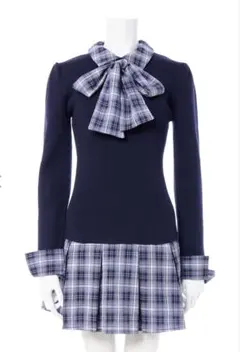INGNI イング　チェック柄ボウタイシャツドッキングニットワンピース