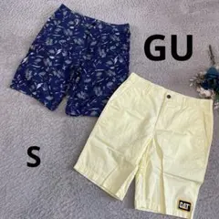 【GU】ショートパンツ　2枚組　S ライトイエロー　ネイビー総柄　メンズ