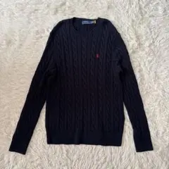 美品 ポロラルフローレン ケーブルニットコットンセーター クルーネック ネイビー