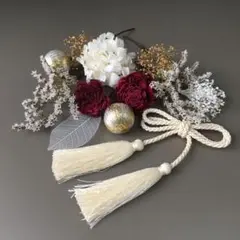 振袖髪飾り　ドライフラワー髪飾り　成人式　結婚式　七五三　赤　ゴールド　水引　金