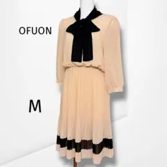 【オフオン】リボンタイプリーツワンピース 上品 バイカラー 通勤 セレモニー M