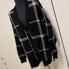 グローバルワーク☆黒と白のチェック柄 Vネックカーディガン☆