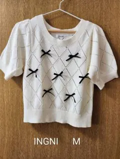 値下げ！INGNI 半袖ニット 白 ダイヤモンド柄透かし編み リボン M