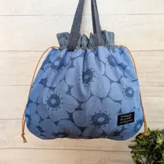 ★北欧花柄デニム風　巾着バッグ　トートバッグ★