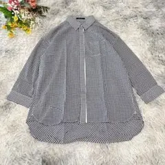 コムサイズム　チェック柄シャツ　【L】　ネイビー　七分袖　コットン100％