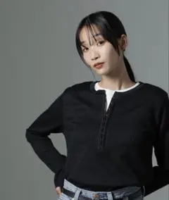 NANO universe ホックヘンリーネックベルスリーブリブトップス 黒