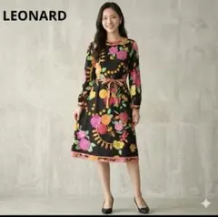 美品✨ レオナール シルクウール ワンピース ベルトりぼん　花柄 L