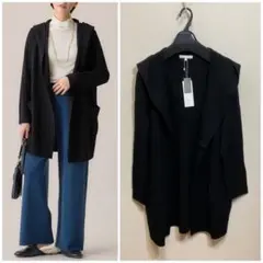 大きいサイズ 自由区 ウールミックスフード付カーディガン黒系(23区ICB組曲)