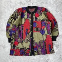 極彩色 90s ジャガード織 ラメ混 総柄 デザインニット カーディガン