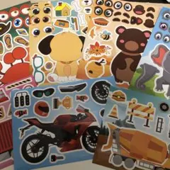 まとめ売り 顔入れシール 動物 カニ 乗り物 シール 知育 7まい