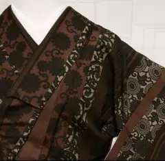 洗える着物 小紋 菊柄 縦縞 チョコレートブラウン系 トールサイズ