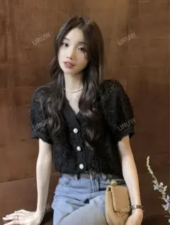 黒 ファー風 半袖カーディガン Vネック ボタン付き