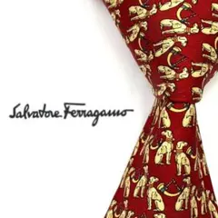 ◆美品◆Salvatore Ferragamo ネクタイ 赤色 犬柄 オシャレ