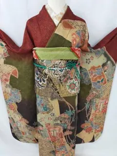 売約済み　美品 京紅型振袖 正絹 7点フルセット くすみグリーン 古典花文様 美品 京紅型振袖 正絹 7点フルセット くすみグリーン 古典花文様 上質