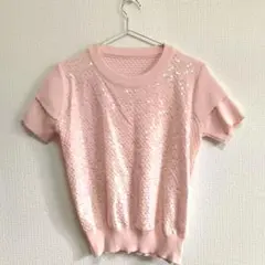 ピンク スパンコール 半袖ニット