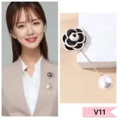 カメリア花ピンブローチ　コサージュ　ホワイト　ブラック　パール 入学式　卒業式