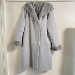 フード付きロングコート グレー