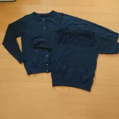 VIS ネイビー ボタン付きカーディガン&半袖セーター アンサンブル