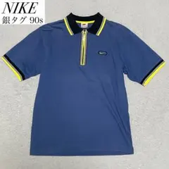 ナイキ　ポロシャツ　90s 銀タグ　ハーフジップ　ロゴ刺繍　ブルー　イエロー　M