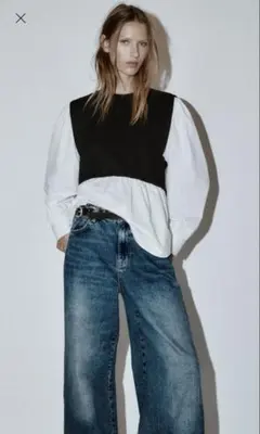 【ZARA】 コンビポプリンブラウス