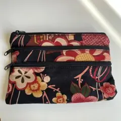 花柄 和柄 デニム ポーチ 3連ファスナー