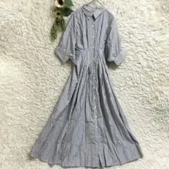極美品 アルアバイル ストライプアシメフレアシャツワンピース ブルー