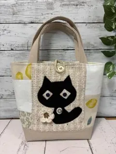 ハンドメイドトートバッグ　No.1050 一点物　パッチワーク風　ネコバッグ
