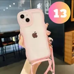 iPhone13ソフトケース ショルダーストラップ うねうね ピンク
