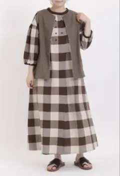 サマンサモスモス ダブル釦チェックワンピース　ブラウン