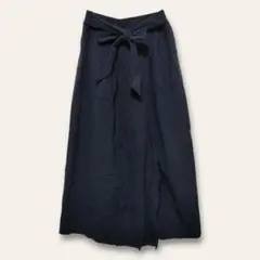 【ナチュラルネーム】コットンリネンフレアスカート　ウエストリボン　紺　M　涼しい
