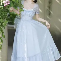 水色フリル付きロングワンピース
