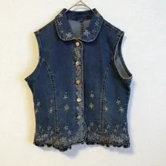 美品 デニムベスト 古着 花柄刺繍 前ボタン ジレ コットン 春夏 L