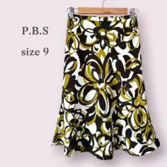【P.B.S】花柄スカート　ひざ丈　総柄　大きい花　ペイント風　フレア　オフィス