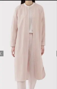 無印良品ストライプ ロングワンピース　バンドカラー　M ピンク　ゆったり