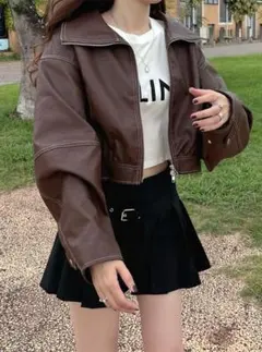 GRL グレイル★襟2Way配色ステッチダブルジップレザーブルゾン[on258]