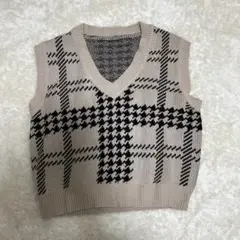 ベージュ チェック柄 ニットベスト