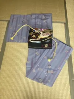 美品　桜柄　洗える着物　薄紫色 ストライプ 小紋着物　春コーデ　お花見