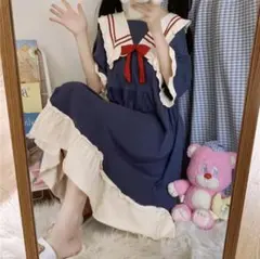 セーラー襟 半袖ワンピース ネイビー×ホワイト